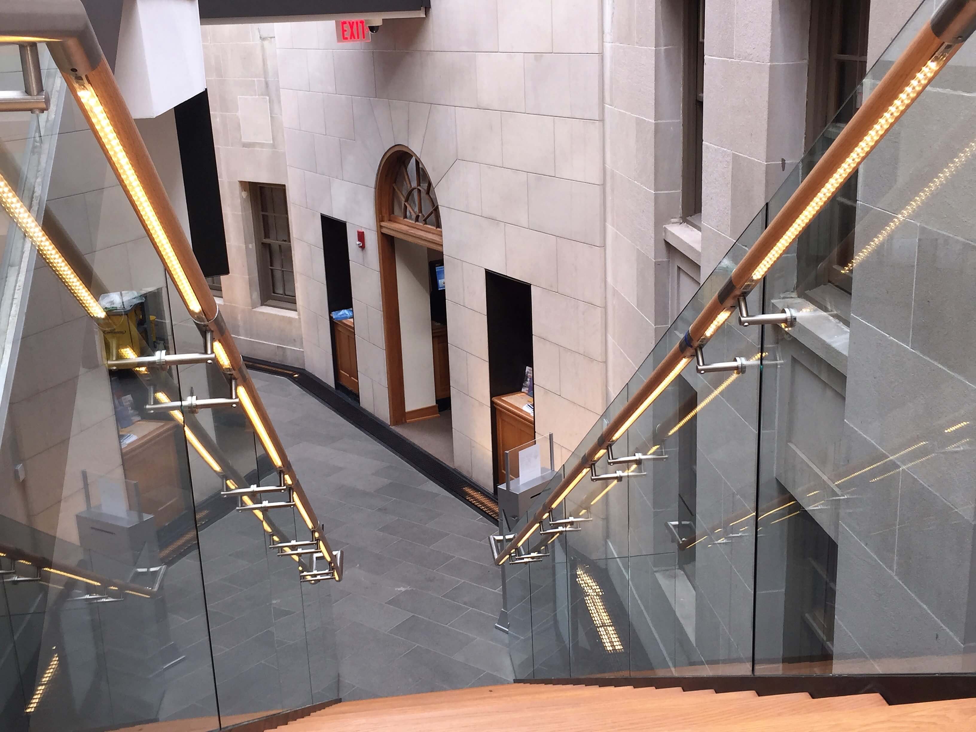 Downward shot of Mount Pleasant Library, Washington DC, Optik Shoe with wood handrail and LED handrail system