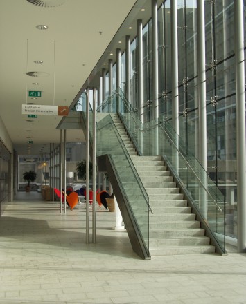 Entryway upward view of Philips, International, Optik Shoe with stainless steel handrail