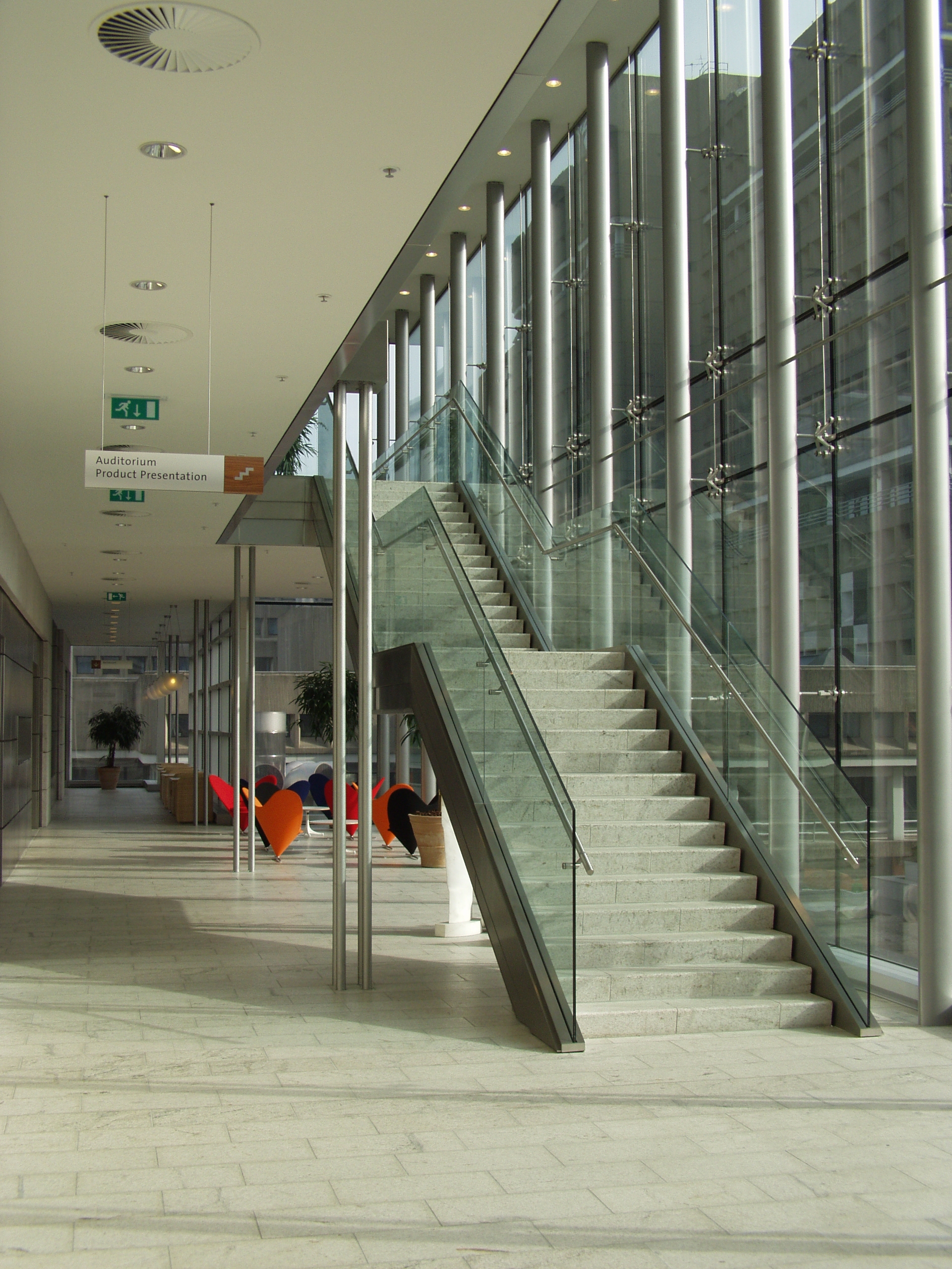Entryway upward view of Philips, International, Optik Shoe with stainless steel handrail