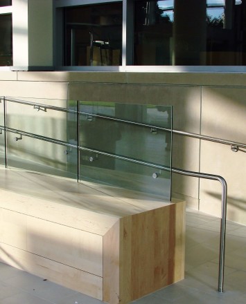 Outdoor ADA wheelchair ramp at the Slavin Center, Providence RI, Optik Shoe recessed into wall / seating area