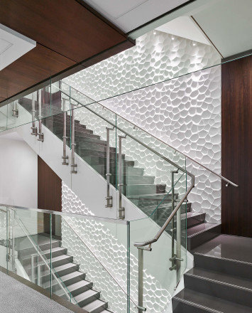 Staircase view of Smoke baffle system with Konic railing system