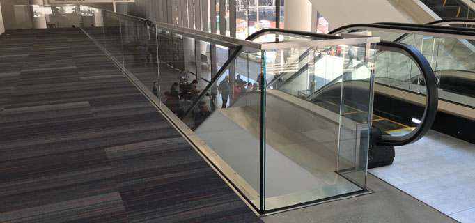 HDI Optik Boss Glass Railings provide elevator barrier at Moscone Center in San Francisco
