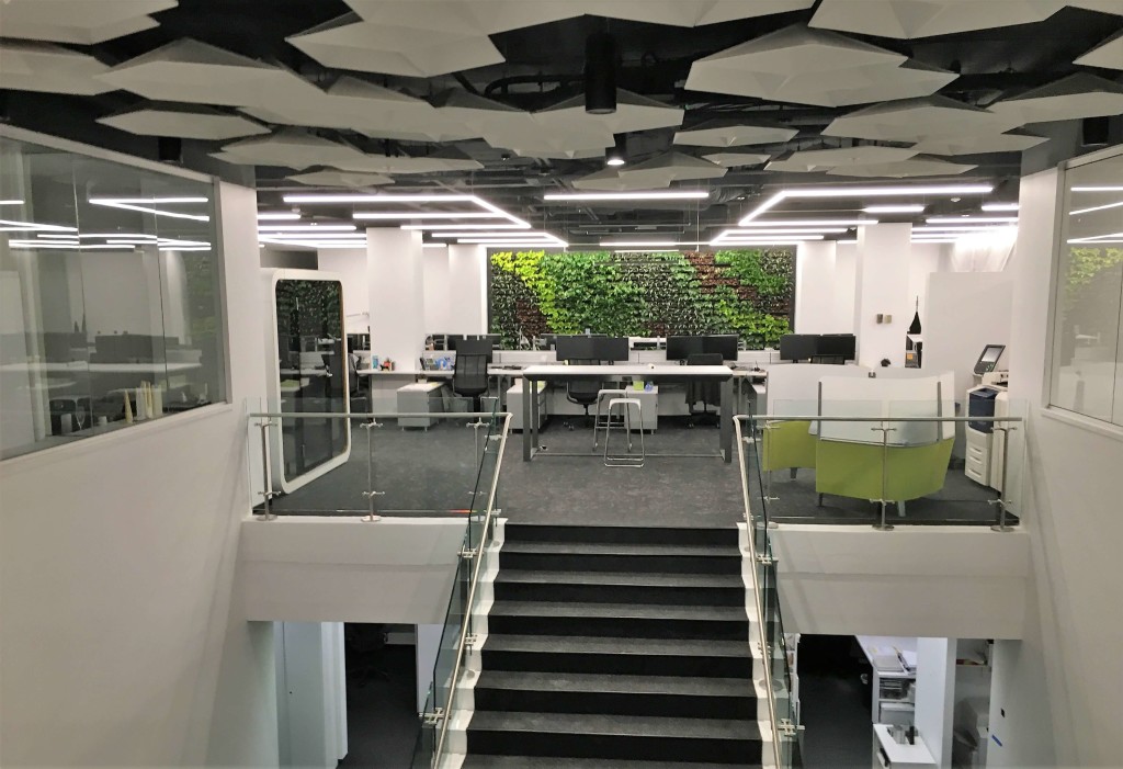 Stair at HOK Architects offices, DC, Kubit glass railing system.