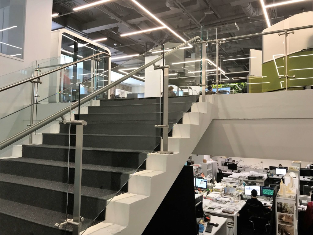 Stair at HOK Architects offices, DC, Kubit glass railing system.
