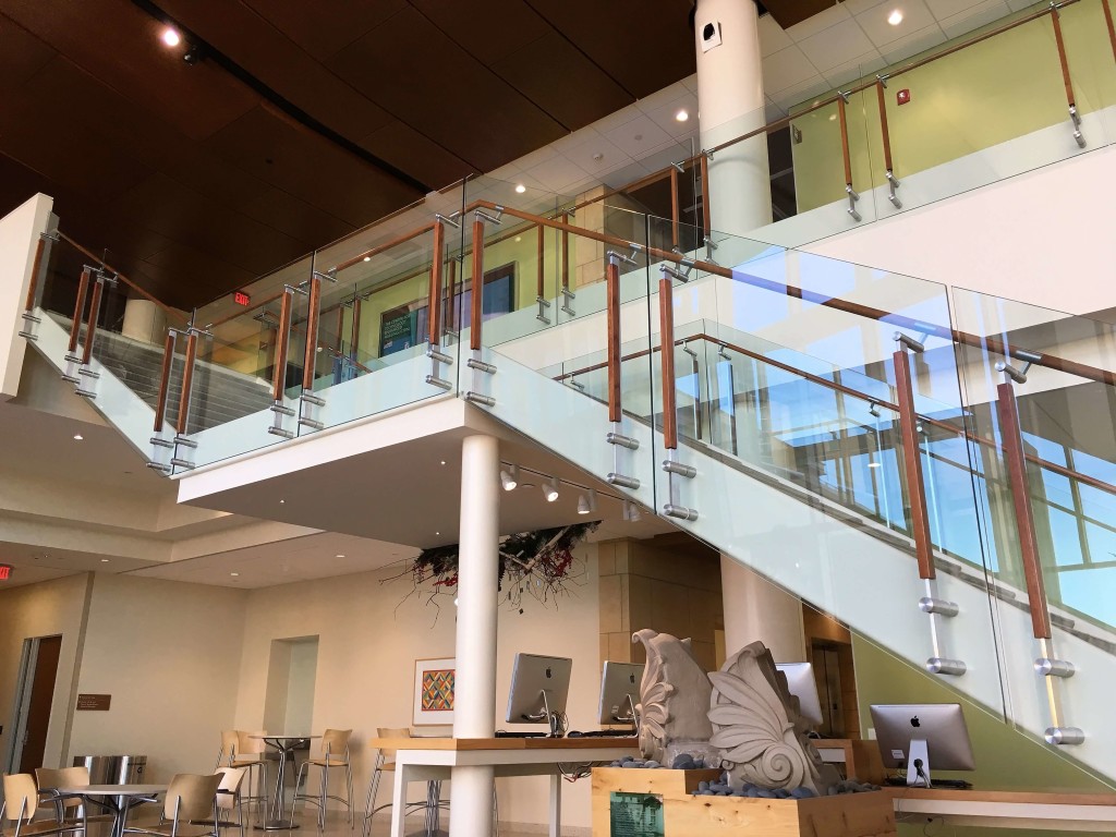 Custom metal and wood handrail at University of Wisconsin-Madison School of Nursing